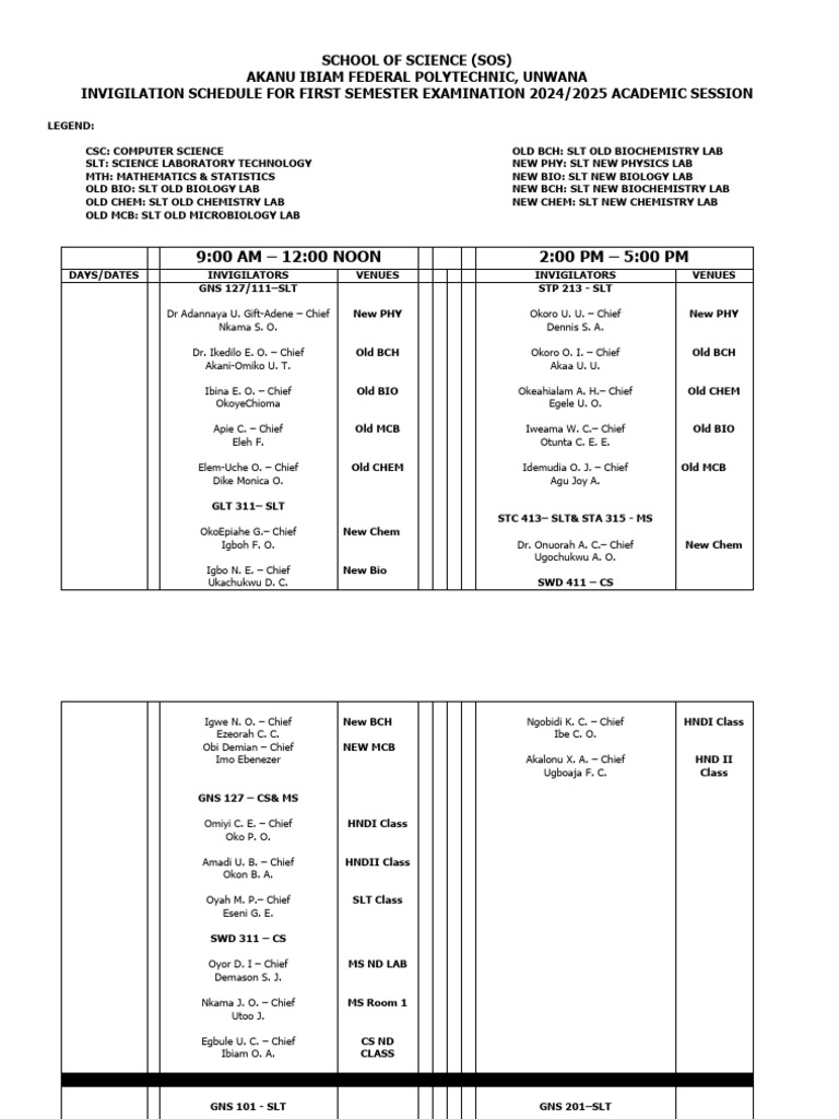 First Semester Exam Schedule 2024/25 | PDF