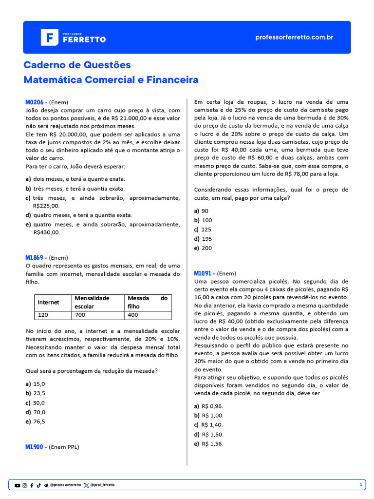 Questões de Matemática Financeira ENEM | PDF | Juros