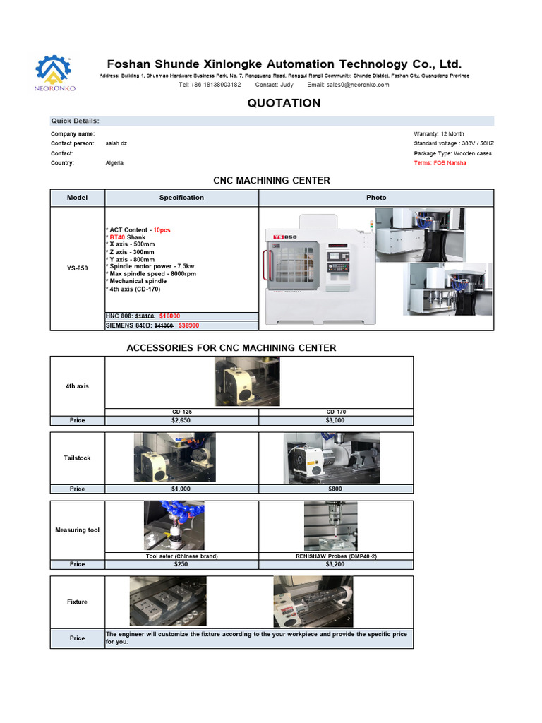 YS-850 CNC Machining Center Quotation | PDF | Industrial Processes ...