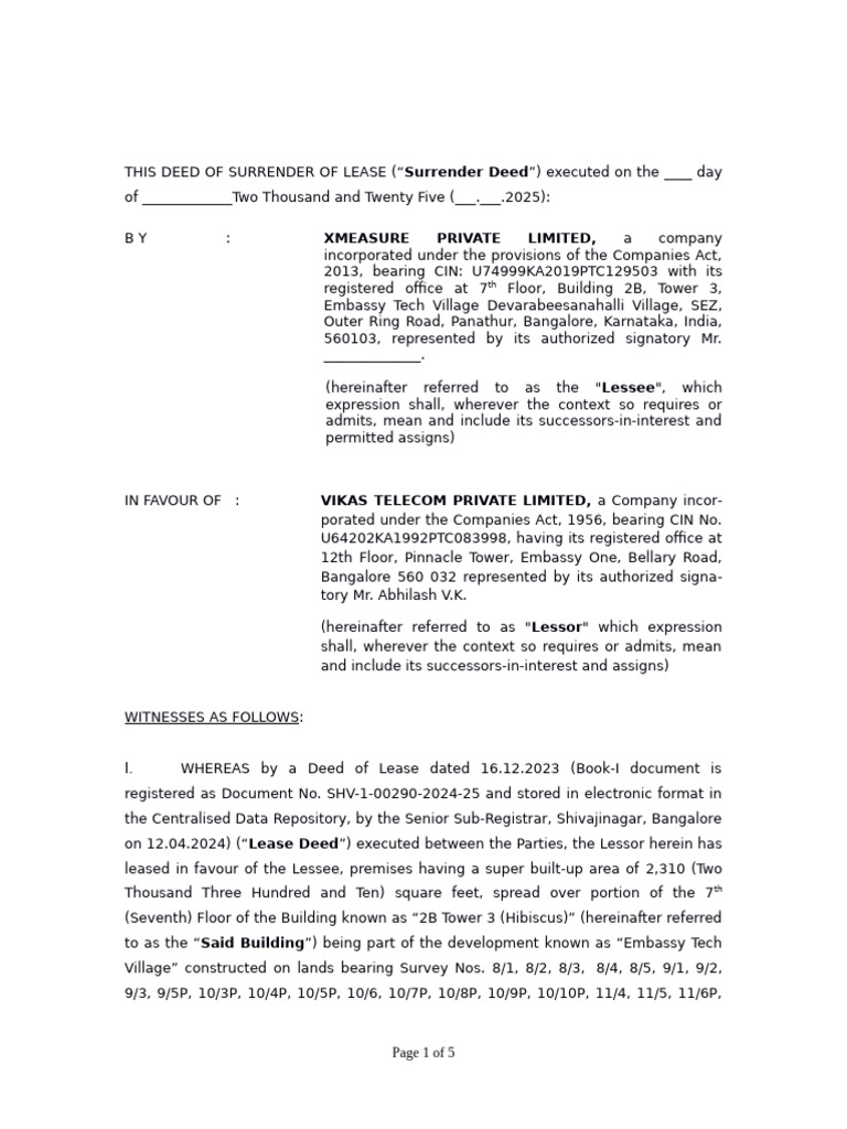 Surrender Deed of Lease Agreement | PDF | Lease | Leasehold Estate