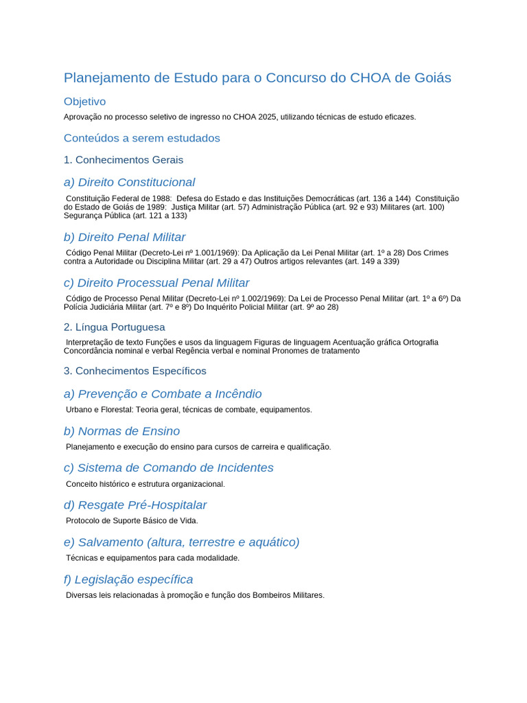 Plano de Estudo para Concurso CHOA Goiás | PDF | Ciência militar ...