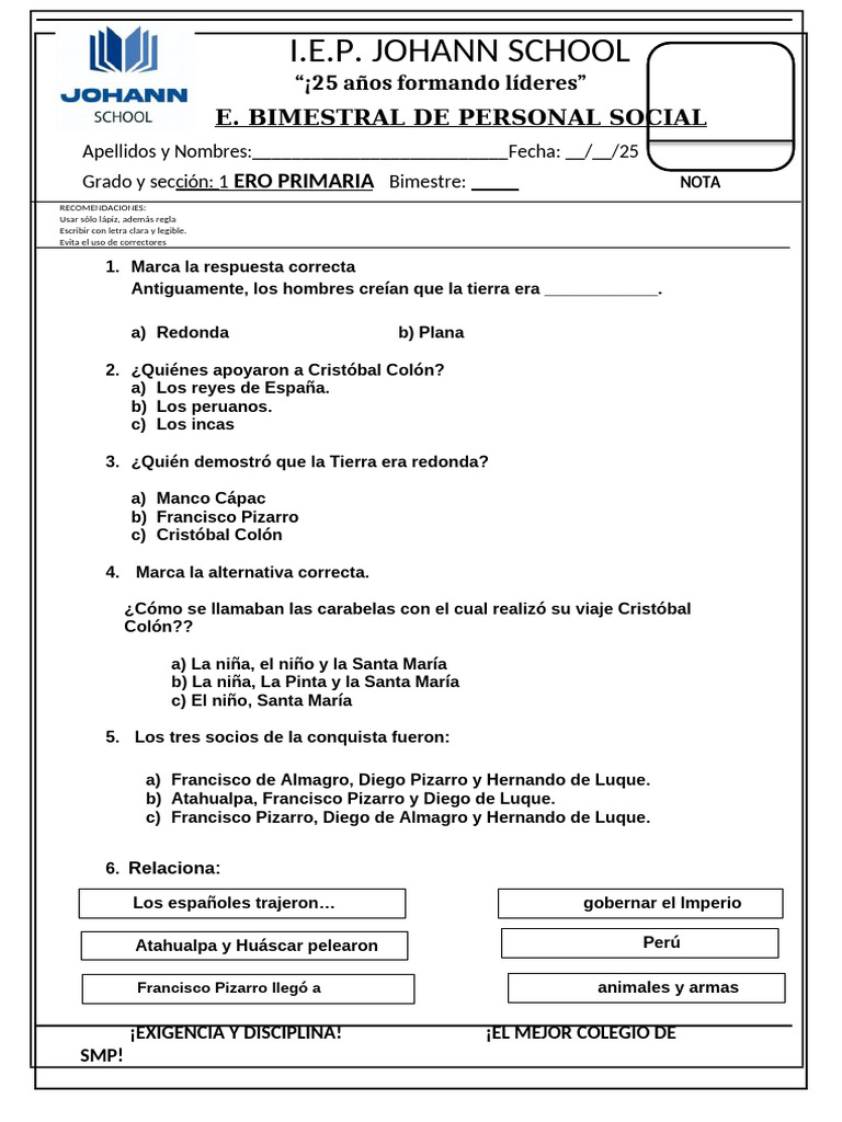 Examen Bimestral Personal Social | PDF | Francisco Pizarro | Perú