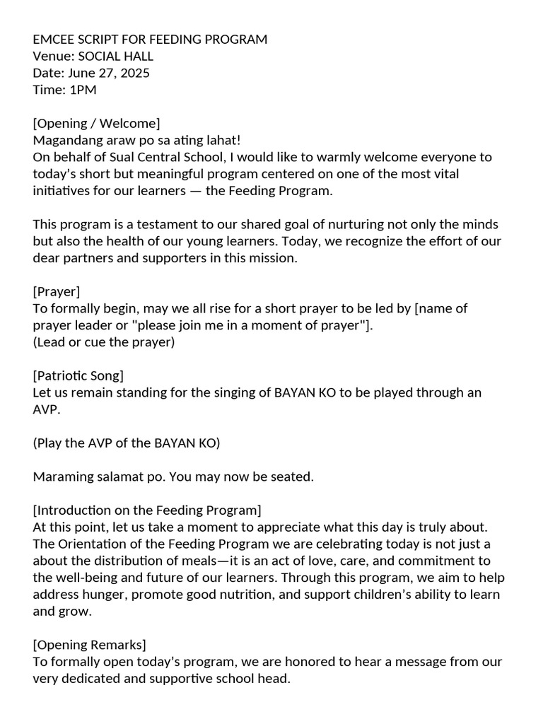 Emcee Script for Feeding Program Event | PDF