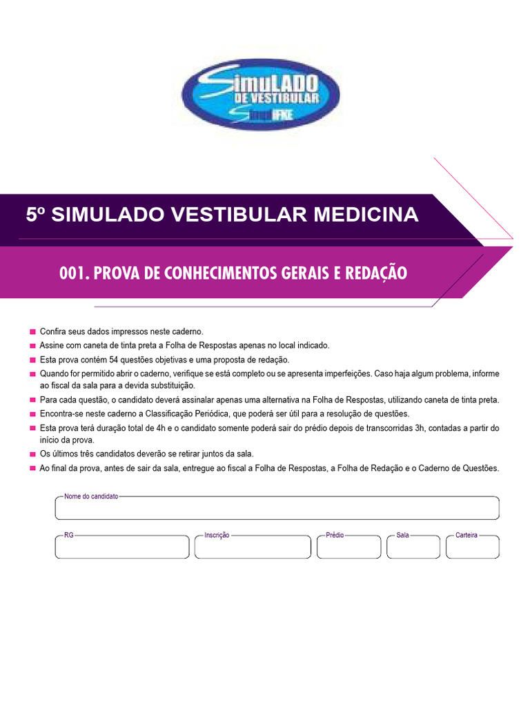 5º Simulado Vestibular Medicina | PDF | Vírus | Sangue