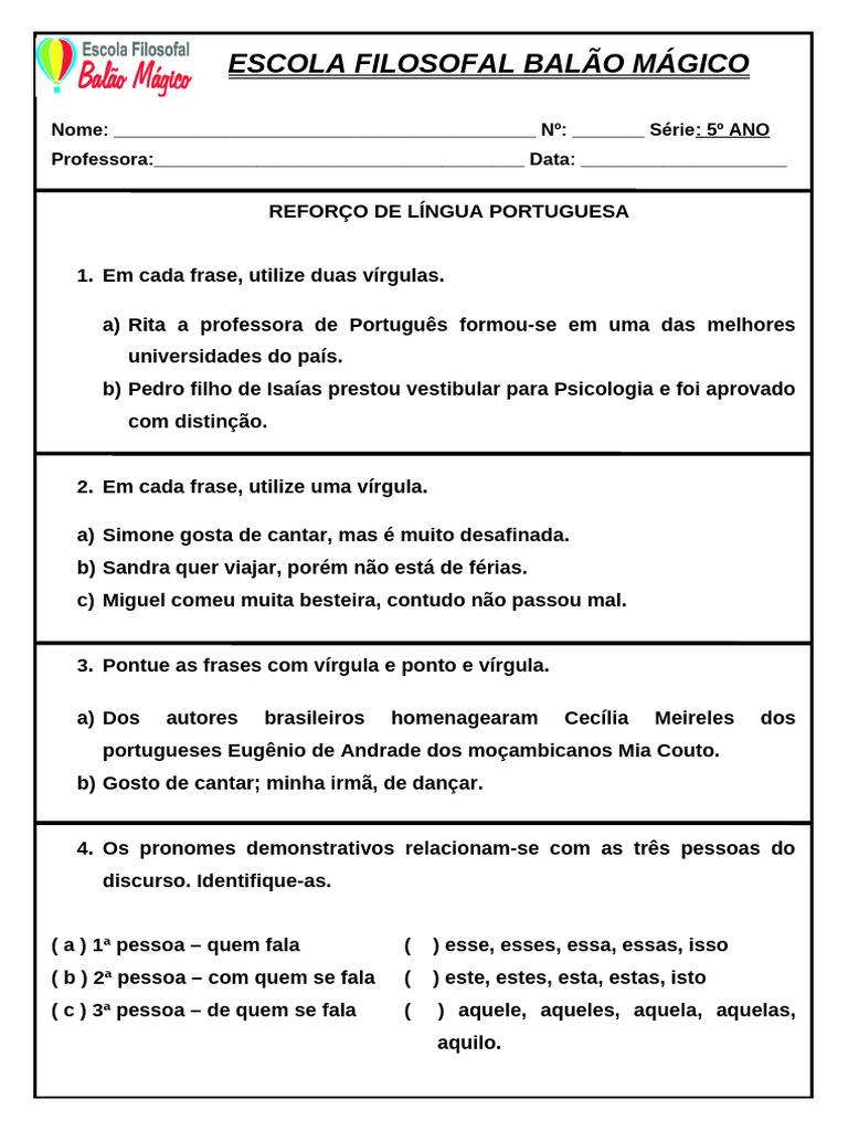 Reforço de Português: 5º Ano | PDF | Pronome | Famílias linguísticas
