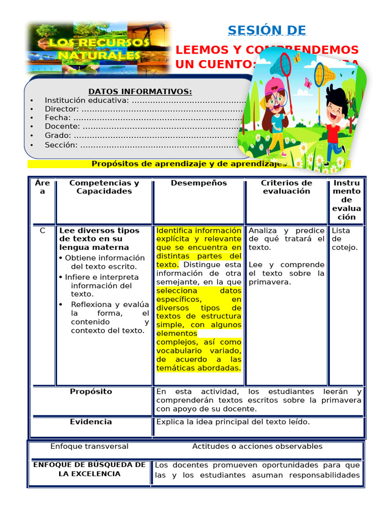 4° Sesión Día 1 Com Leemos y Comprendemos Un Cuento La Primavera | PDF ...
