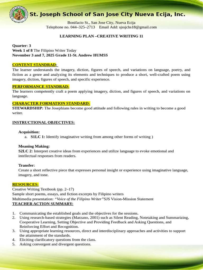 Creative Writing-W1-Learning Plan | PDF | Poetry | Learning