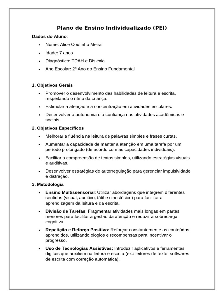 Plano de Ensino Individualizado para TDAH | PDF | Aprendizado ...