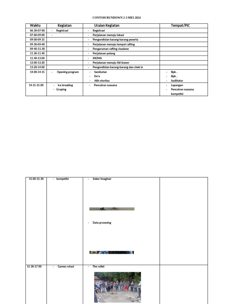 Rundown Acara Rafting 2-3 Mei 2024 | PDF
