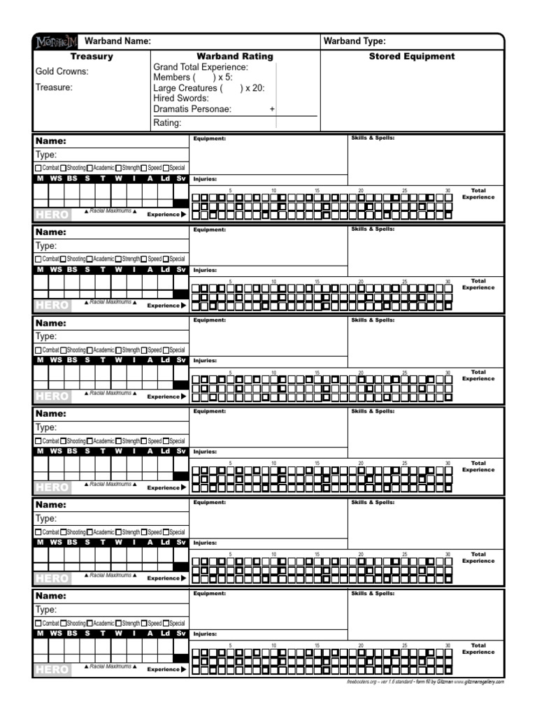 Mordheim Warband Roster Sheet | PDF