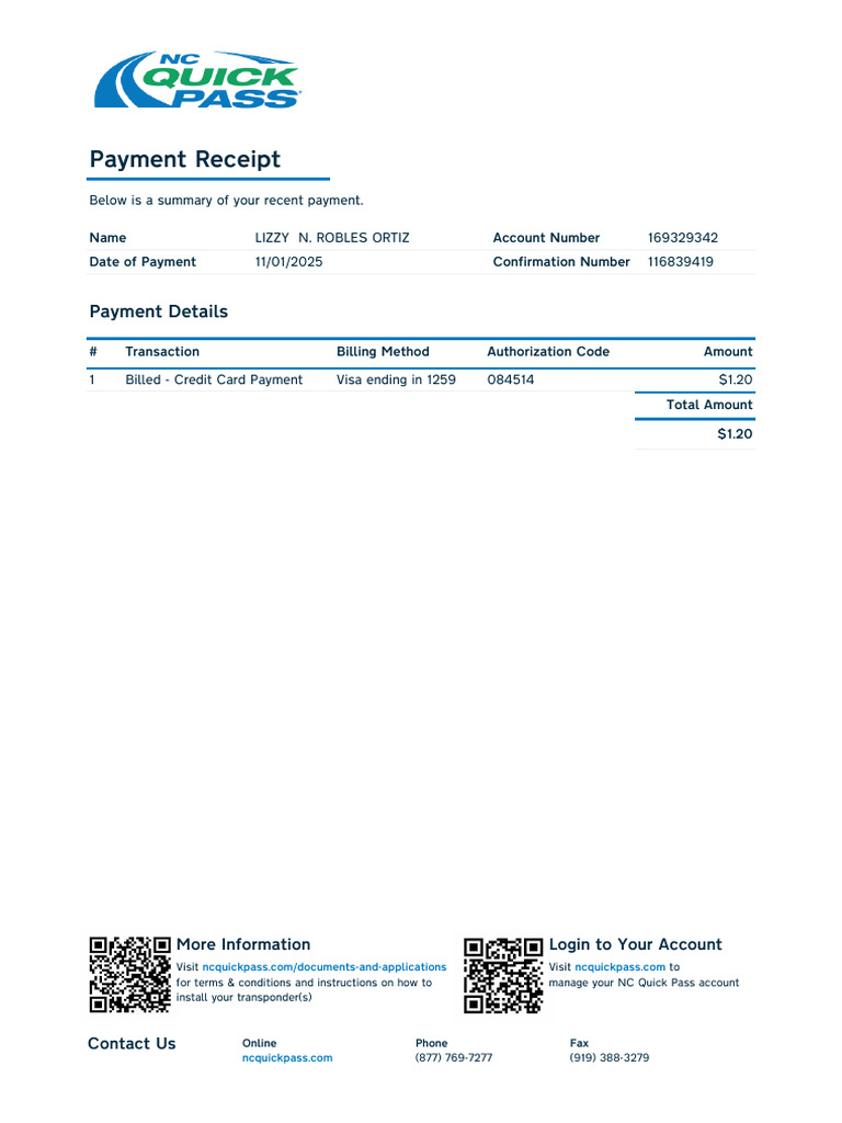 NC Quick Pass Payment Receipt | PDF
