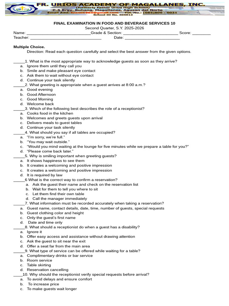 Food and Beverage Services Exam Guide | PDF | Menu | Restaurants