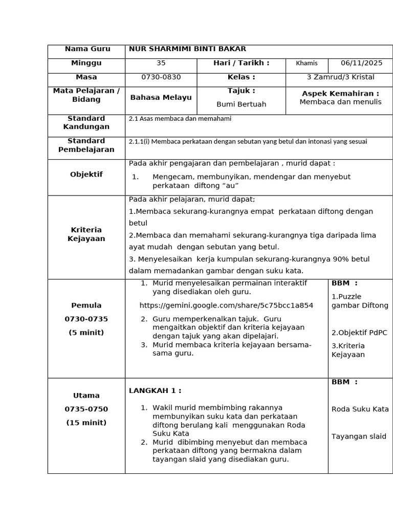 Rencana Pembelajaran Bahasa Melayu | PDF