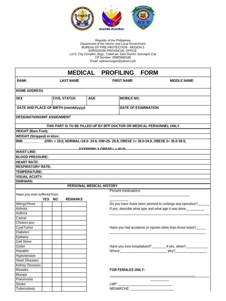 Medical Profiling Form for BFP Applicants | PDF | Medical Specialties ...