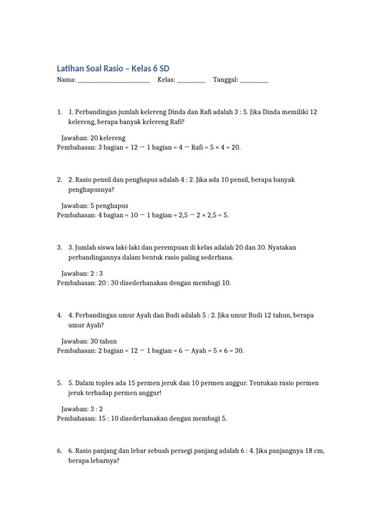 Latihan Soal Rasio Kelas 6 SD | PDF