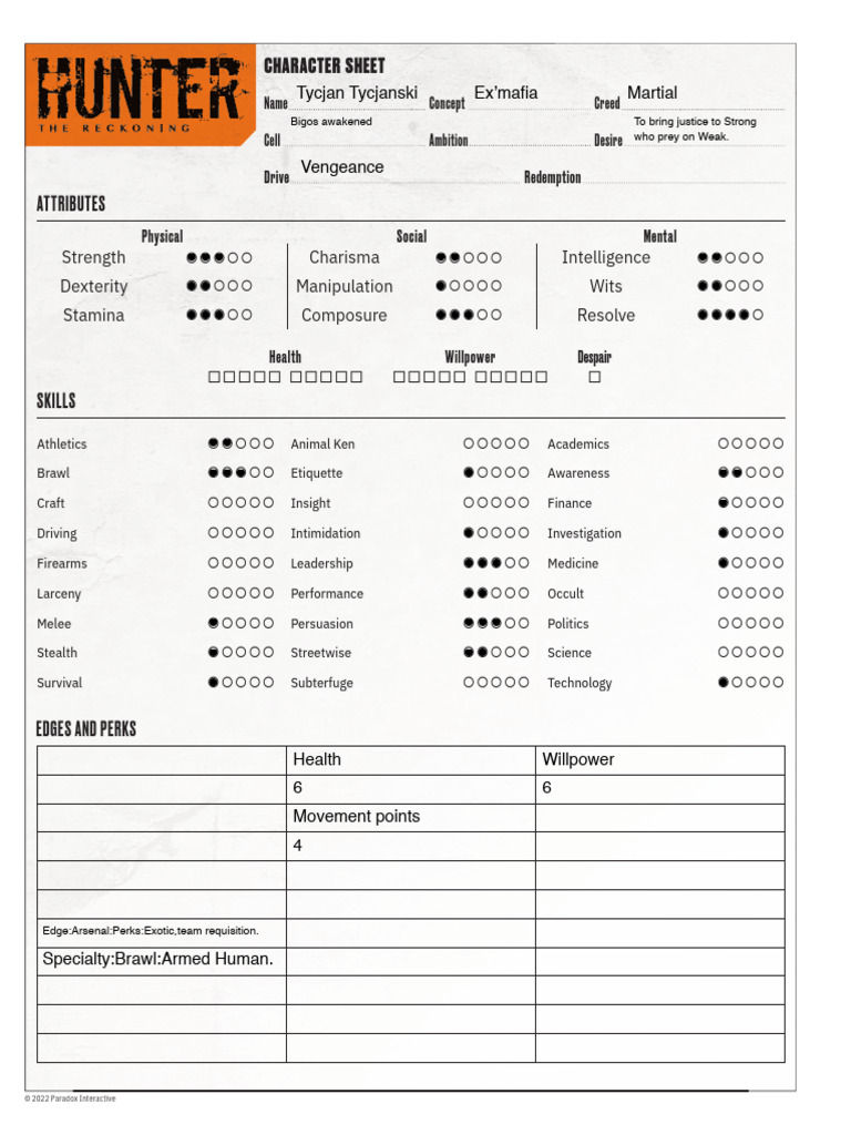 Hunter Character Sheet: Tycjan Tycjanski | PDF