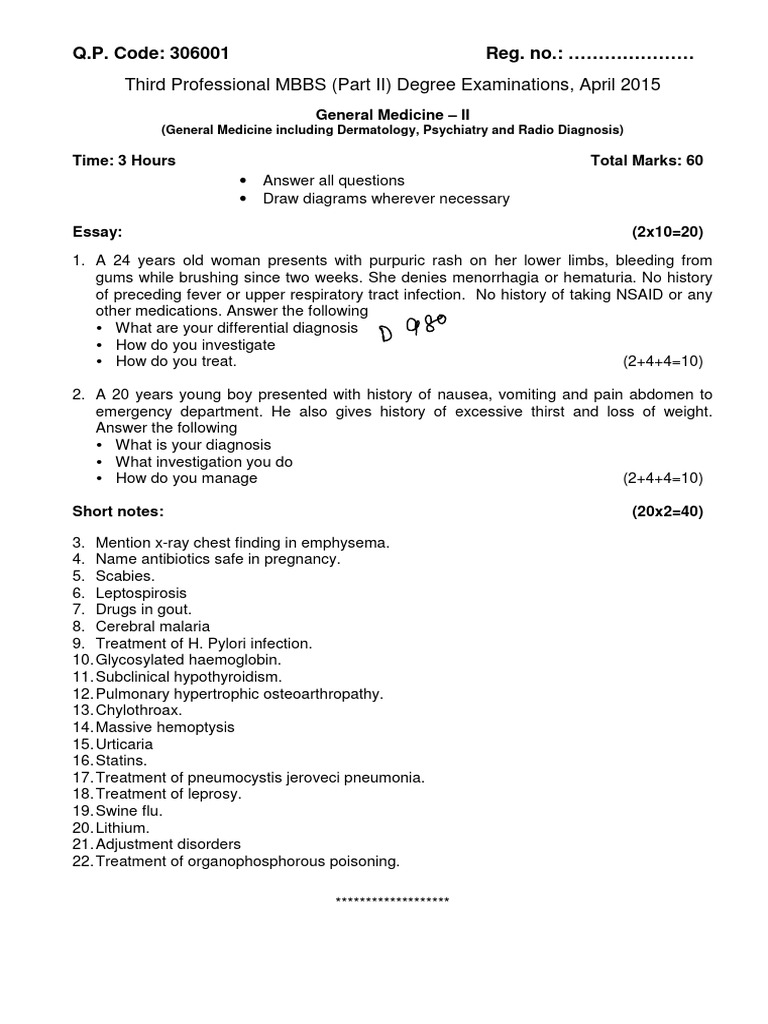MBBS General Medicine Exam Papers | PDF | Anemia | Diabetes