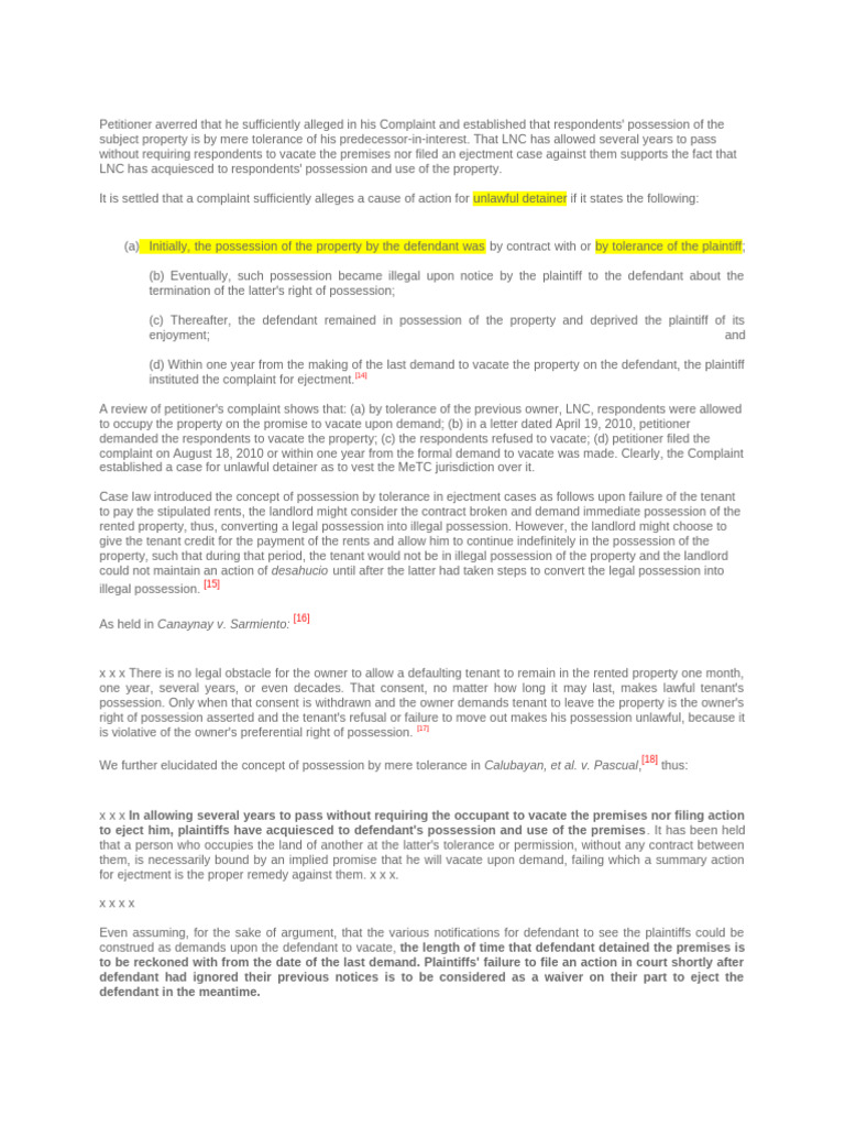 Unlawful Detainer and Possession by Tolerance | PDF | Eviction | Complaint