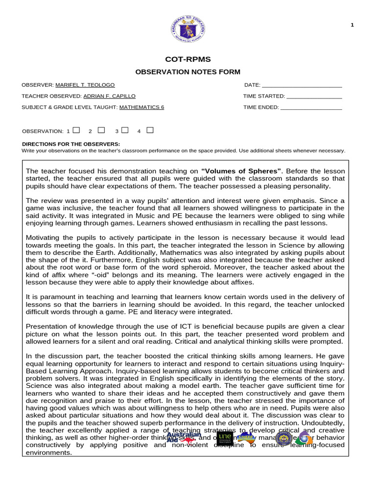 Teacher Observation Notes: Math Lesson | PDF | Teachers | Learning