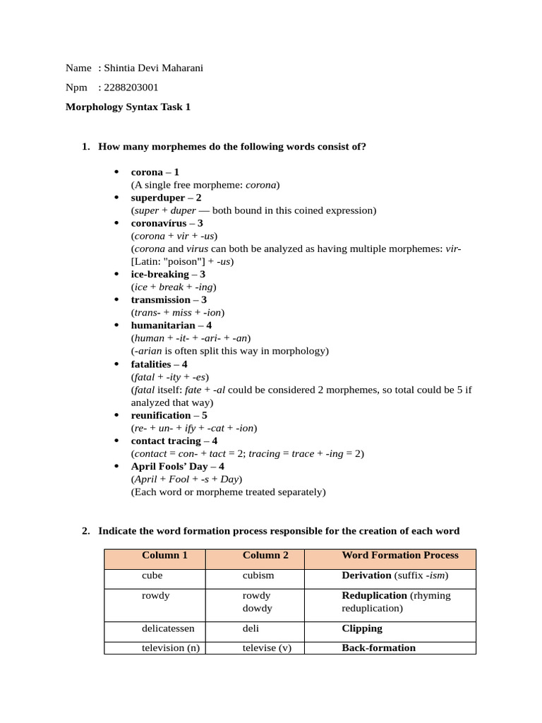 Morphology Syntax Analysis and Tasks | PDF | Morphology (Linguistics ...