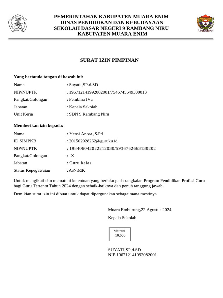 Surat Izin Guru untuk Program PPG 2024 | PDF