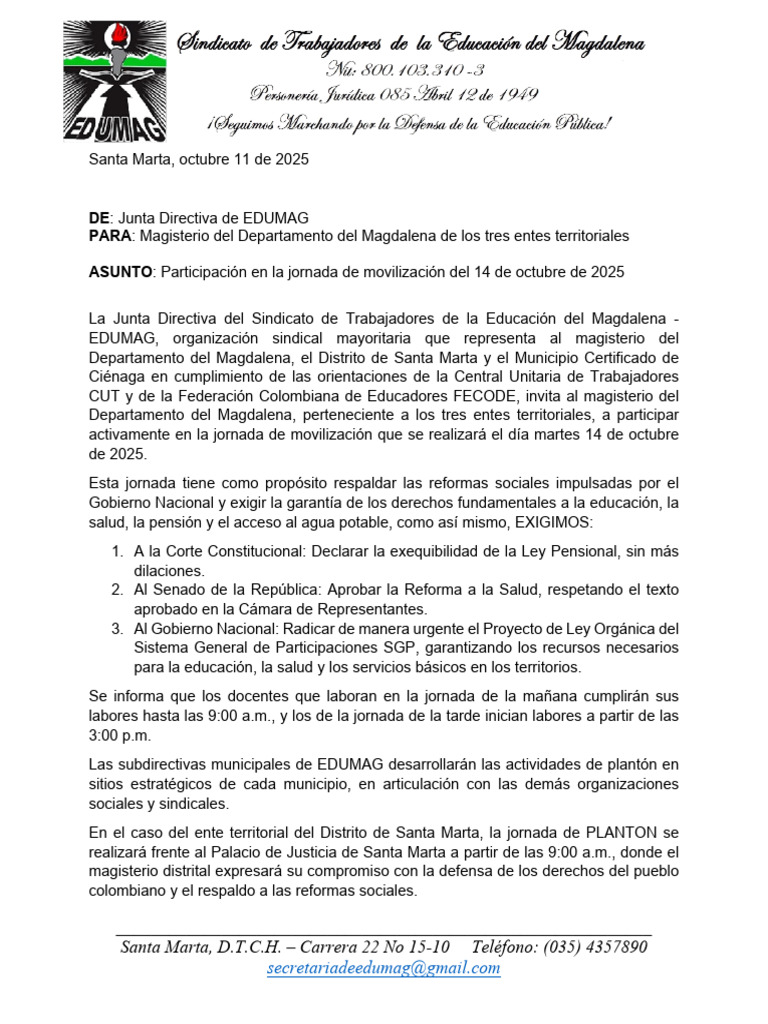 EDUMAG Convoca Planton 14 de Octubre Del 2025-1 | PDF | Colombia | Gobierno