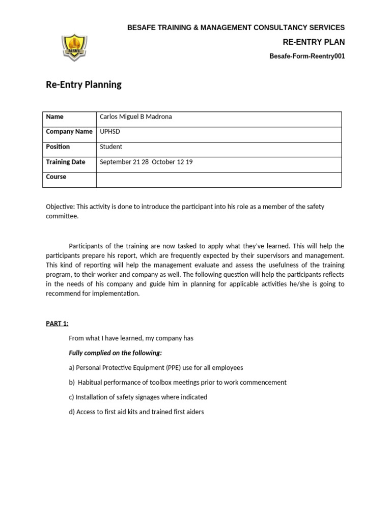 Besafe Re-Entry Safety Training Plan | PDF | Emergency Management ...