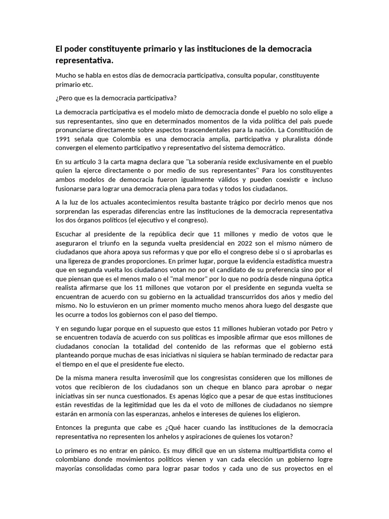 El Poder Constituyente Primario y Las Instituciones de La Democracia ...