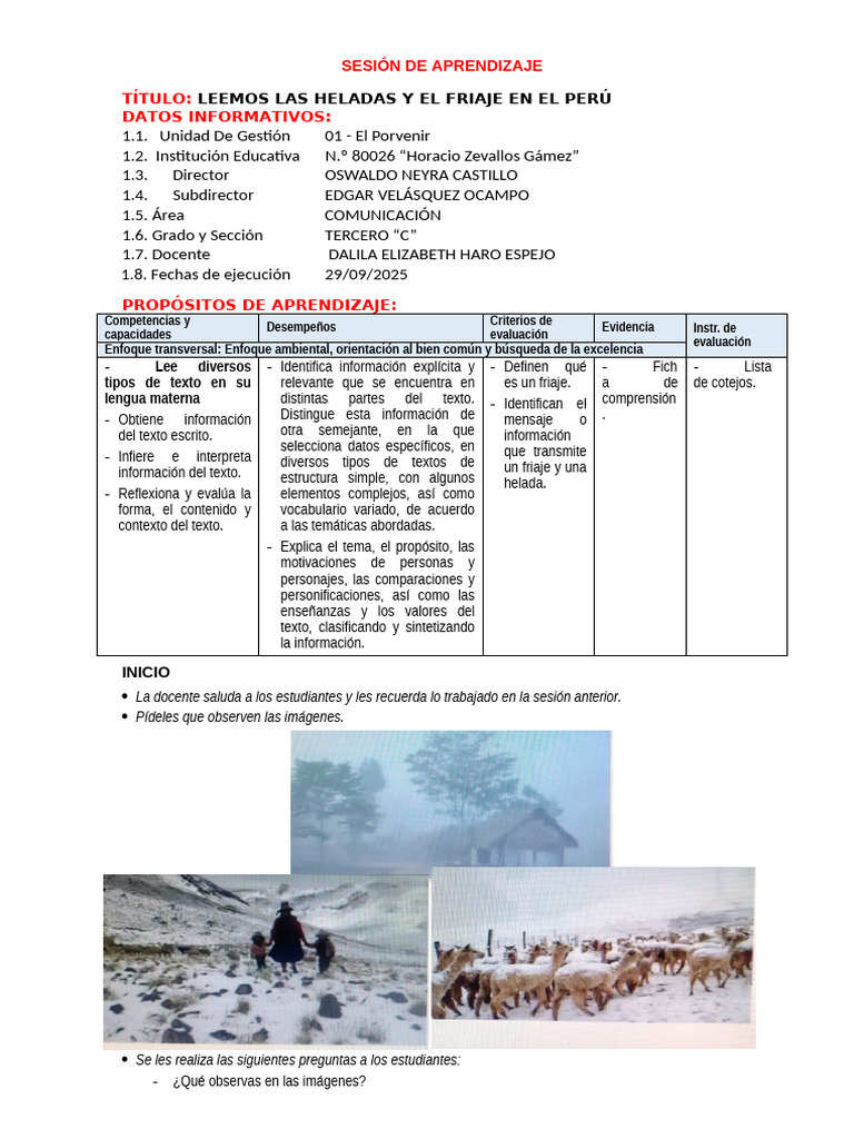 Sesion Com Leemos Las Heladas y El Friaje en El Peru | PDF | Aprendizaje