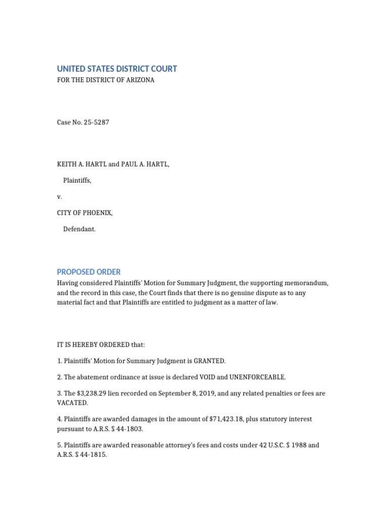 Proposed Order Summary Judgment Hartl | PDF