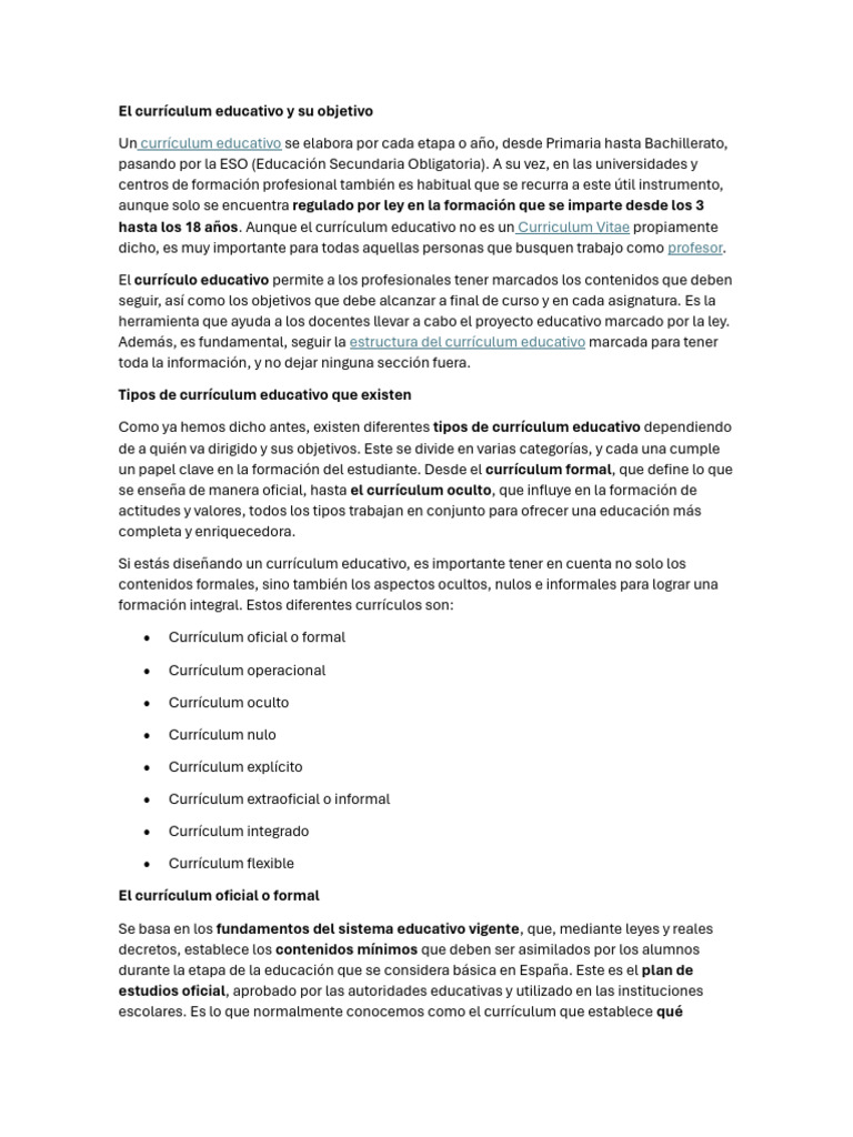 El Currículum Educativo y Su Objetivo | PDF | Plan de estudios | Maestros