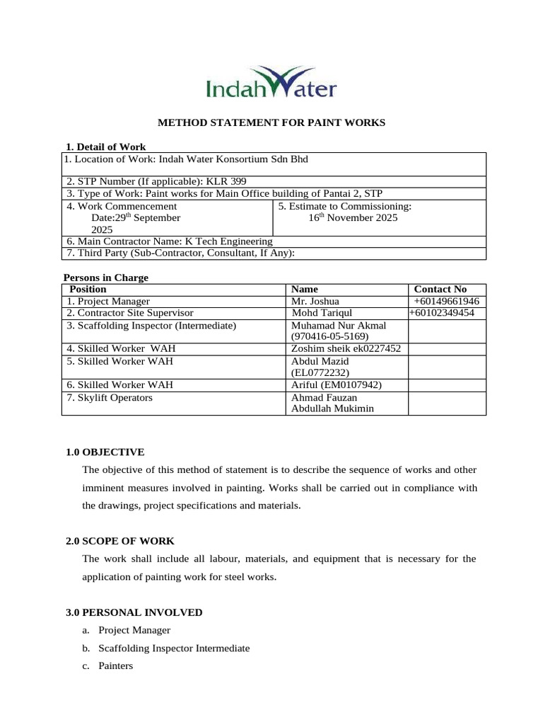 Method Statement for Painting Works | PDF | Scaffolding | Personal ...