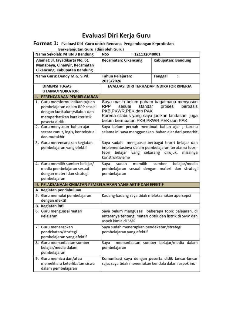 Evaluasi Diri dan Rencana Pengembangan Guru | PDF