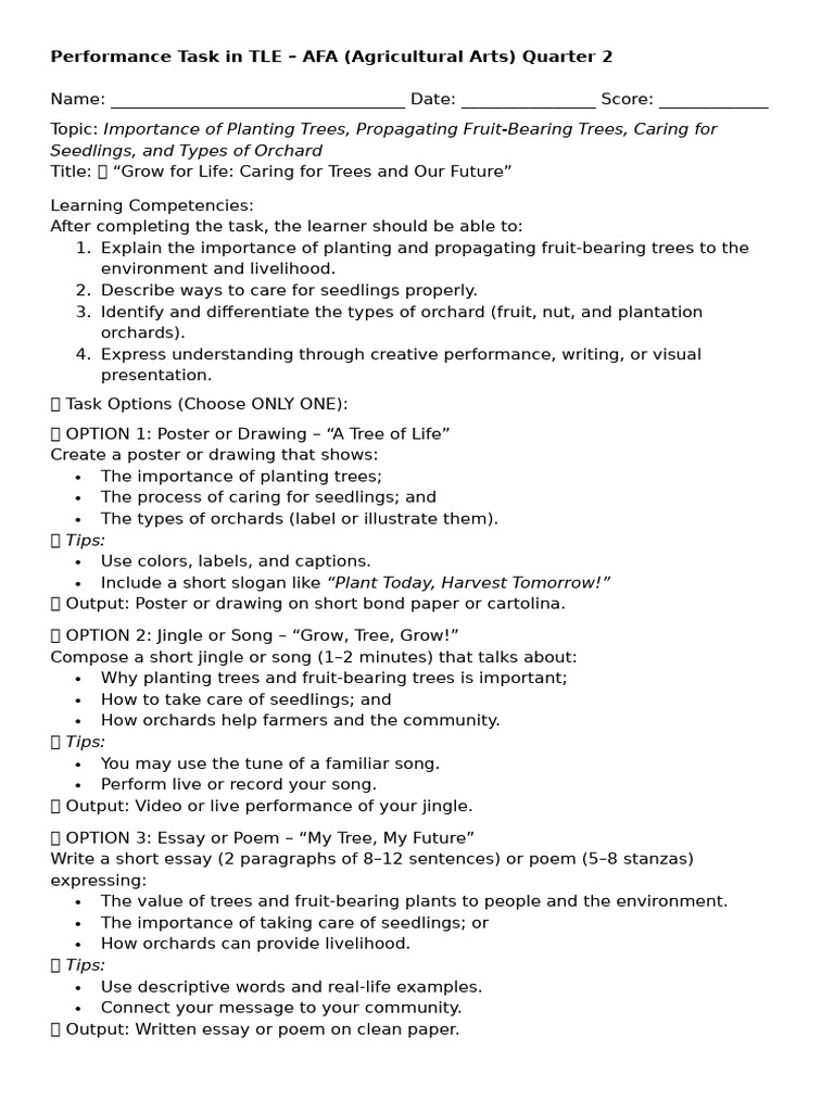 Performance Task in TLE6-Q2 AFA Importance of Trees, Propagating and ...