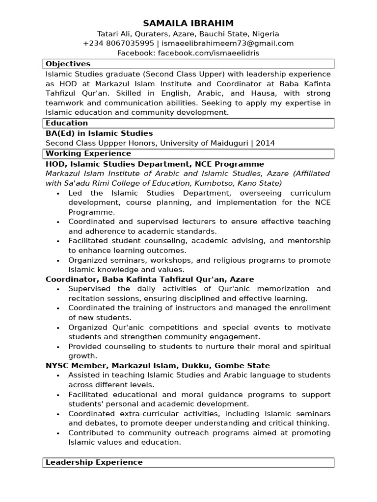 Islamic Studies Graduate with Leadership Skills | PDF