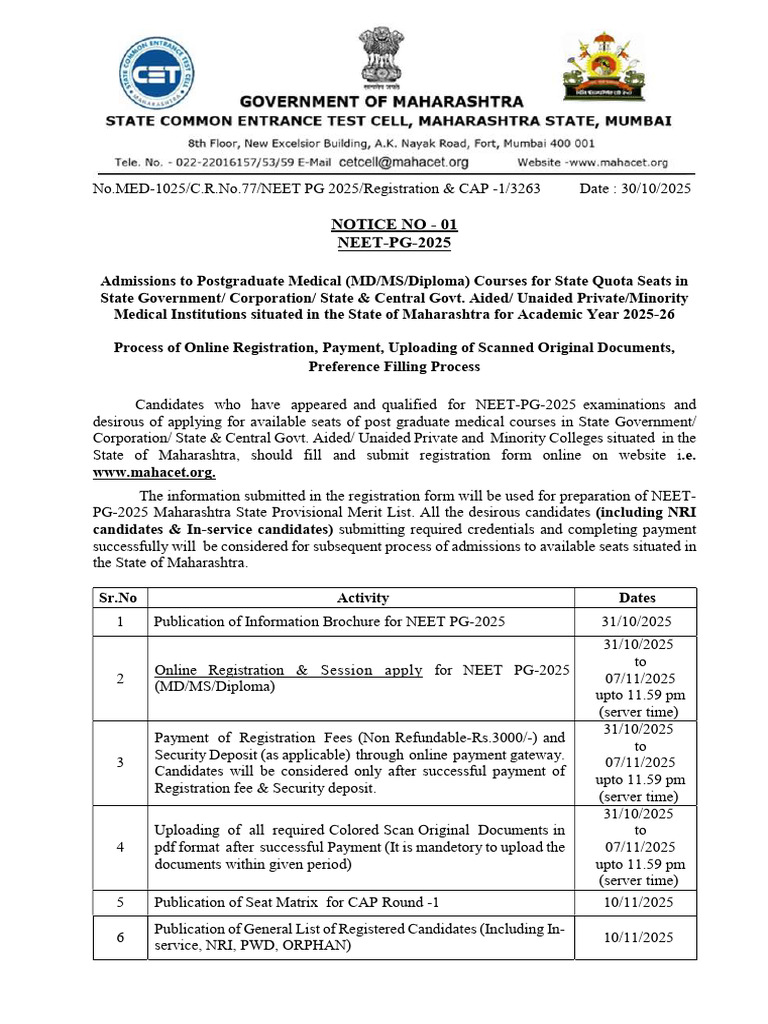 NEET PG 2025 Maharashtra Admission Notice | PDF