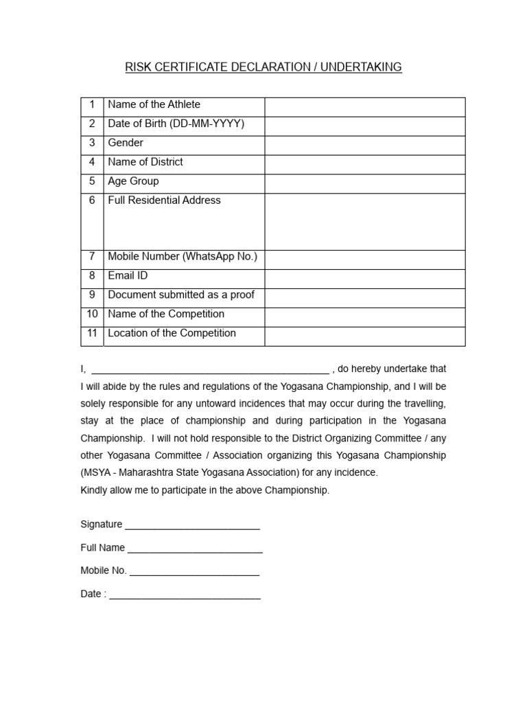 Yogasana Championship Risk Declaration | PDF