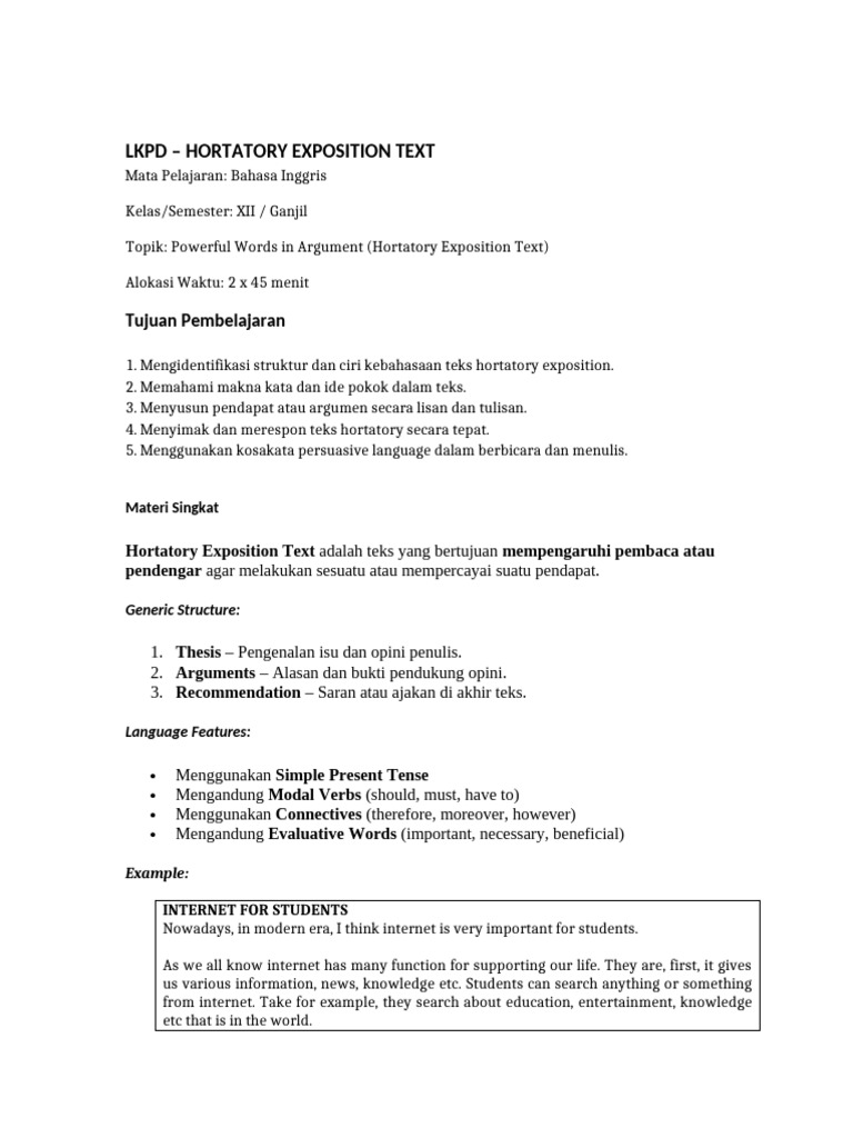 LKPD: Hortatory Exposition Guide | PDF | Reading Comprehension ...