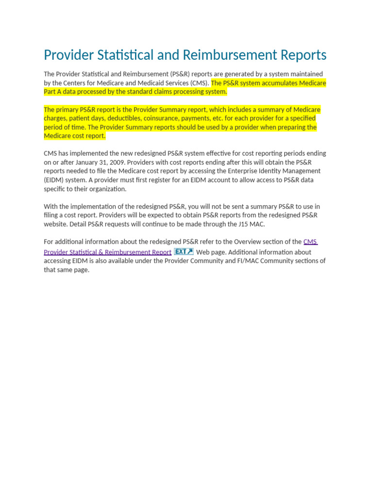 Medicare PS&R Report Overview | PDF