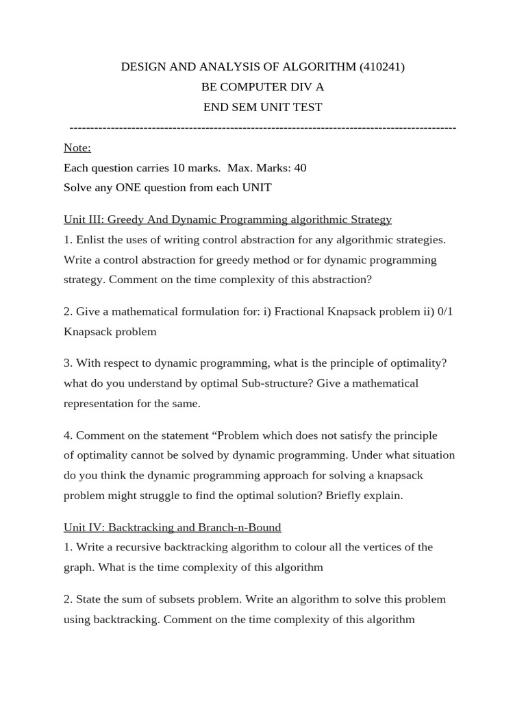 Endsemunittestbe Computer Div A | PDF | Dynamic Programming ...