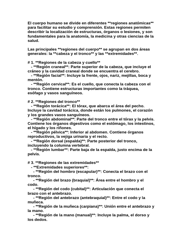 Regiones Anatómicas del Cuerpo Humano | PDF | Términos anatómicos de ...