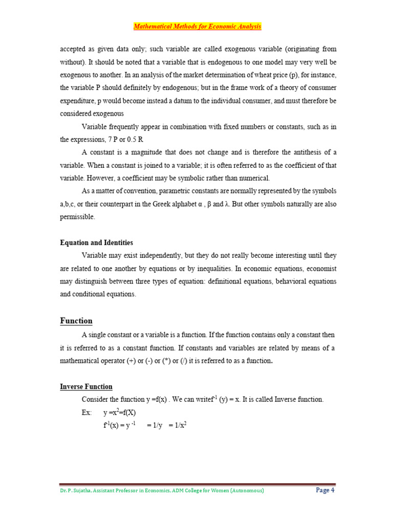 Economic Analysis: Mathematical Functions | PDF | Variable (Mathematics ...