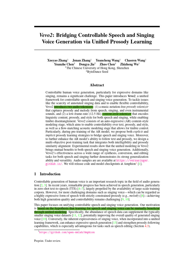 Vevo2: Unified Voice Generation Framework | PDF | Speech Synthesis ...