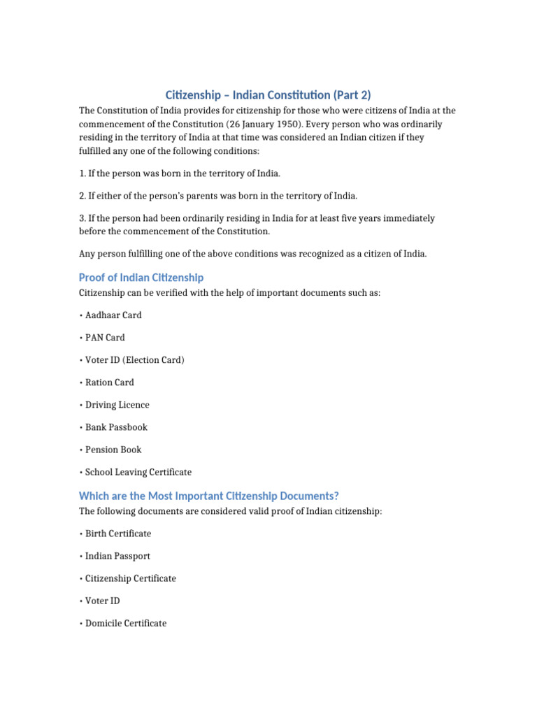 Citizenship Indian Constitution | PDF