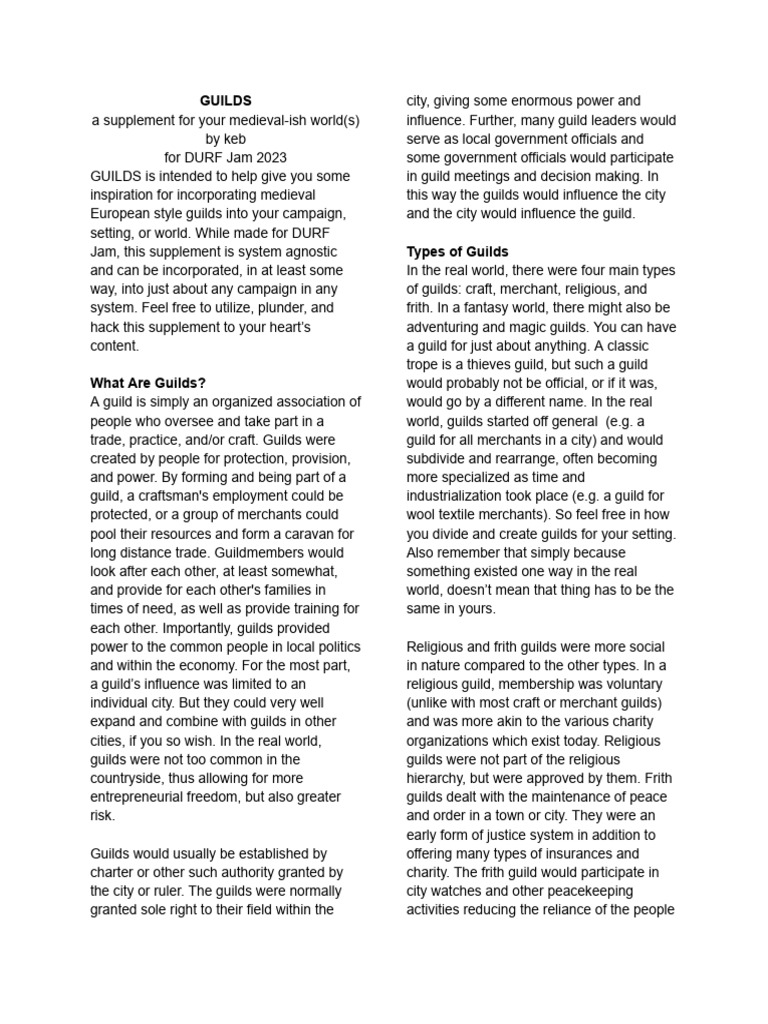 Medieval Guilds for Fantasy Campaigns | PDF | Guild | Apprenticeship