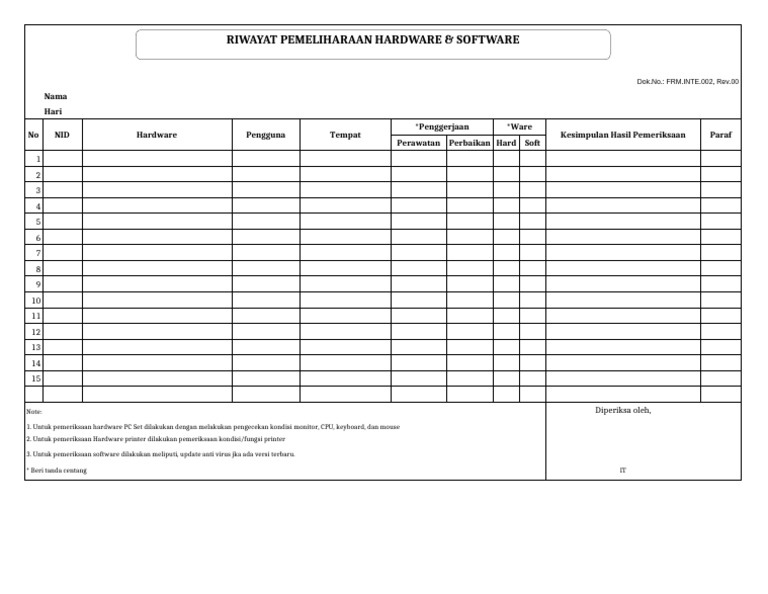 FRM - Inte.002 - Riwayat Perawatan Hardware - Software | PDF