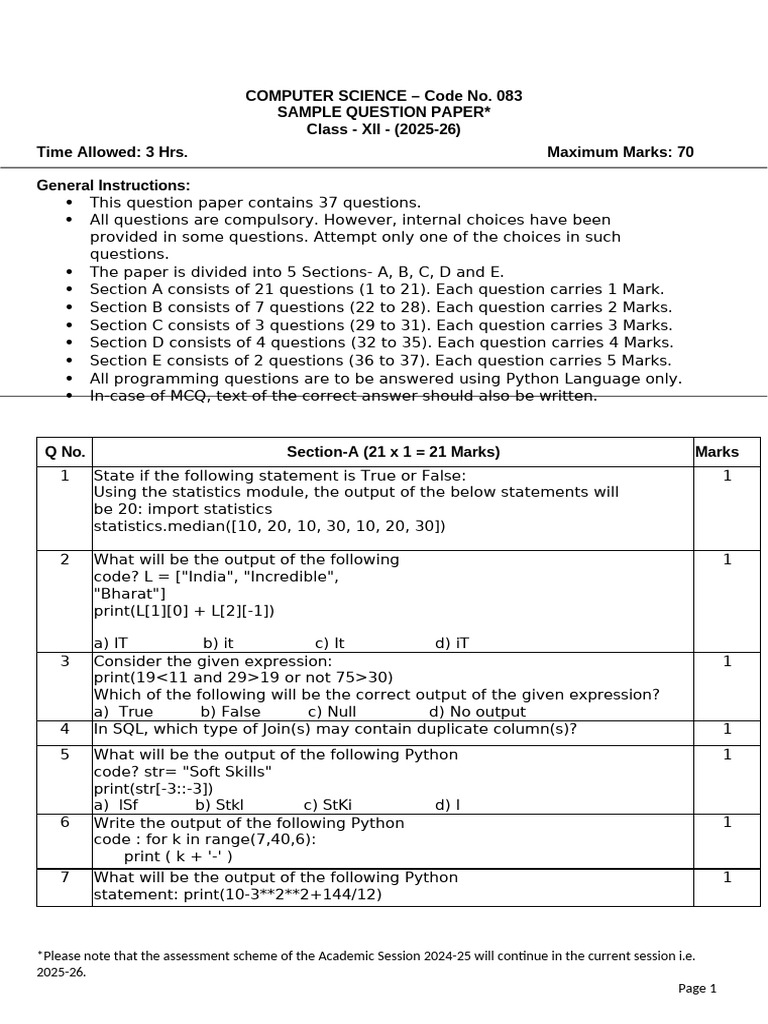 Python Code Output Assessment 2025-26 | PDF | Data Management ...