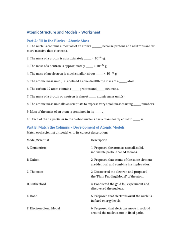 Atomic Mass and Models Worksheet | PDF