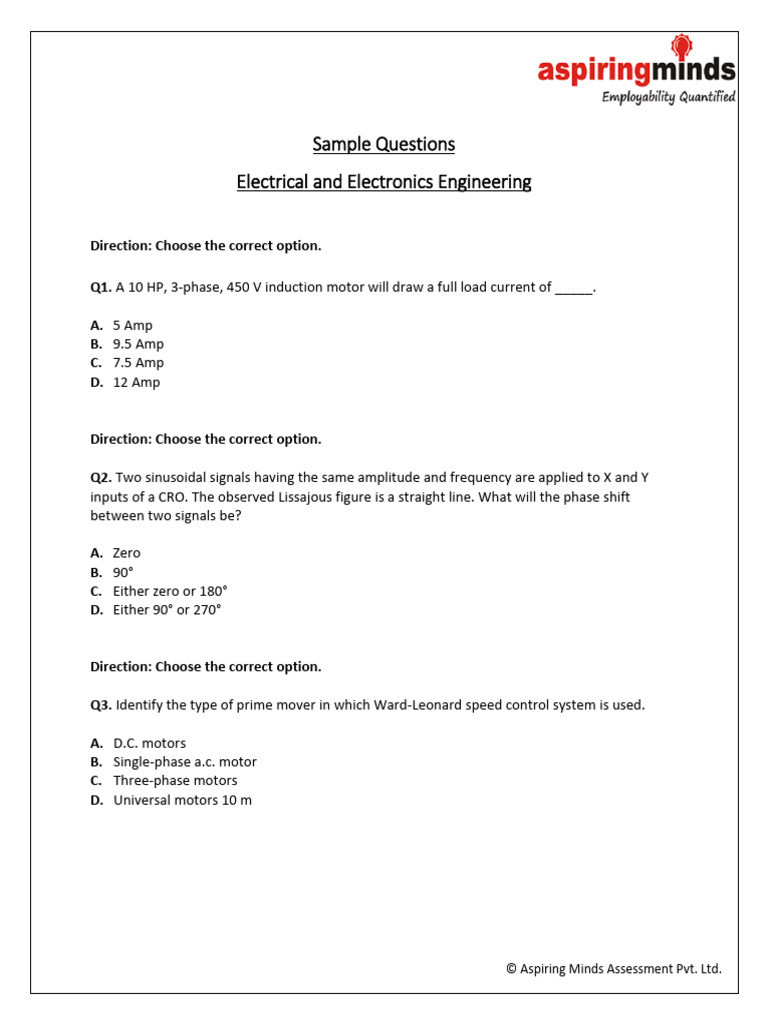 Sample Questions Electrical and Electronics Engineering 3477 | PDF