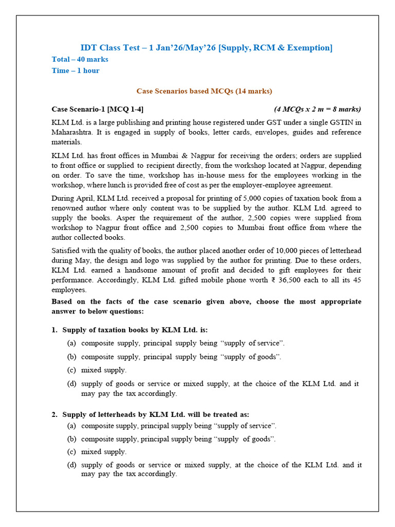IDT Class Test: GST Case Scenarios | PDF | Value Added Tax | Payments